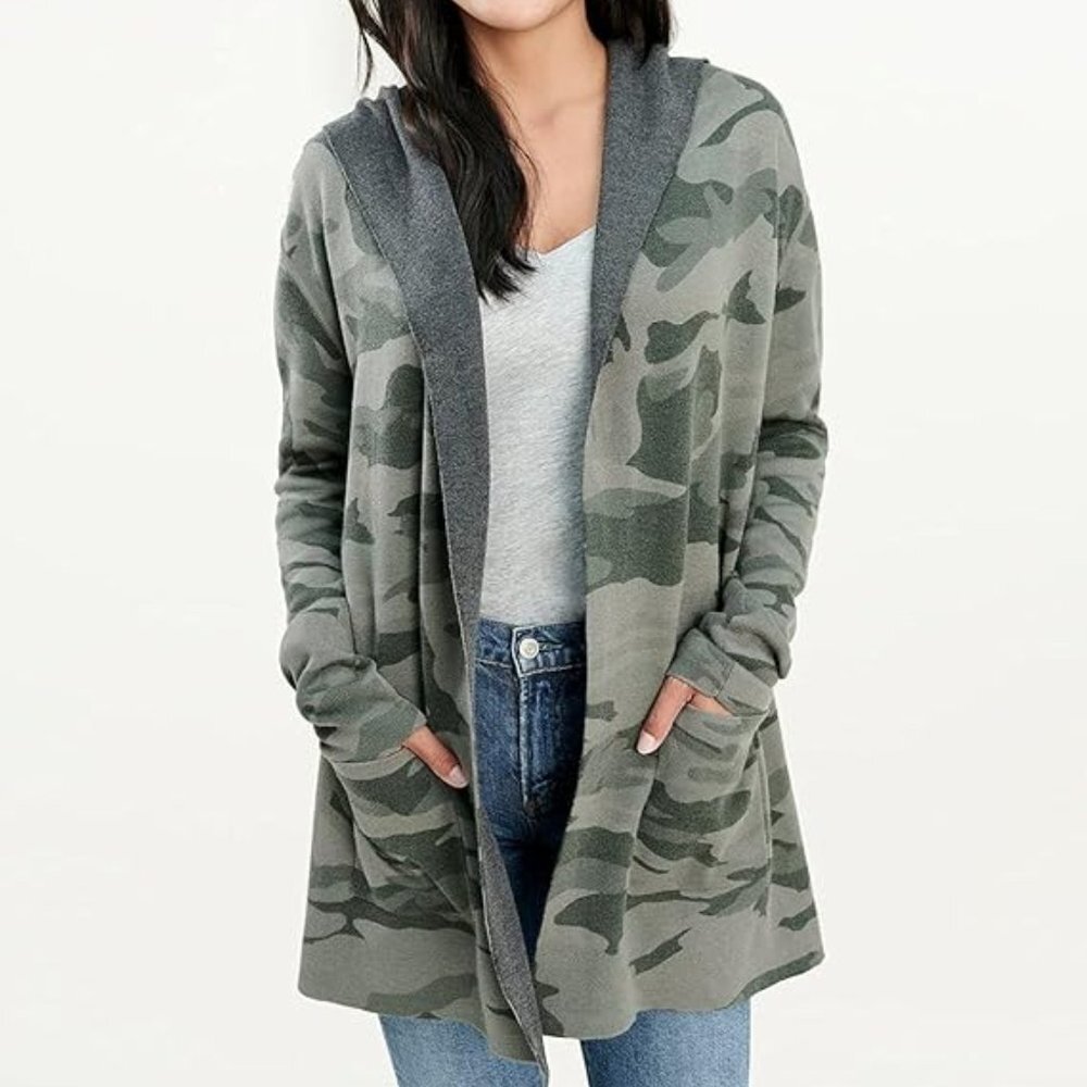 NWT Splendid Reversible Cashmere Blend Camo Hooded Cardigan, Size XS